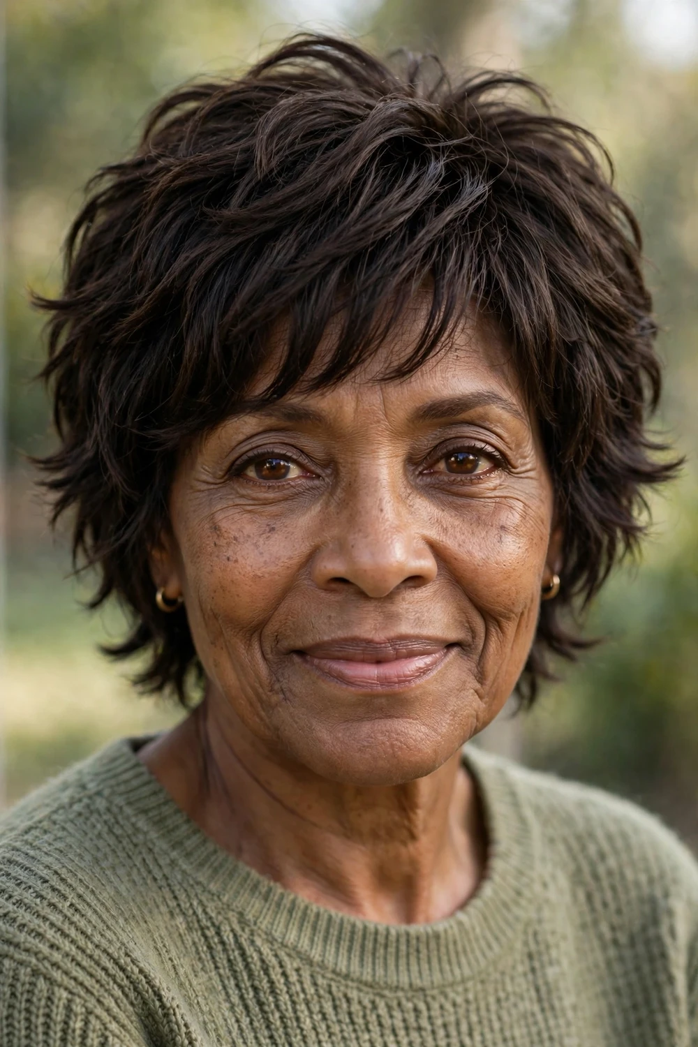 Woman over 50 with a textured short shag with feathered layers