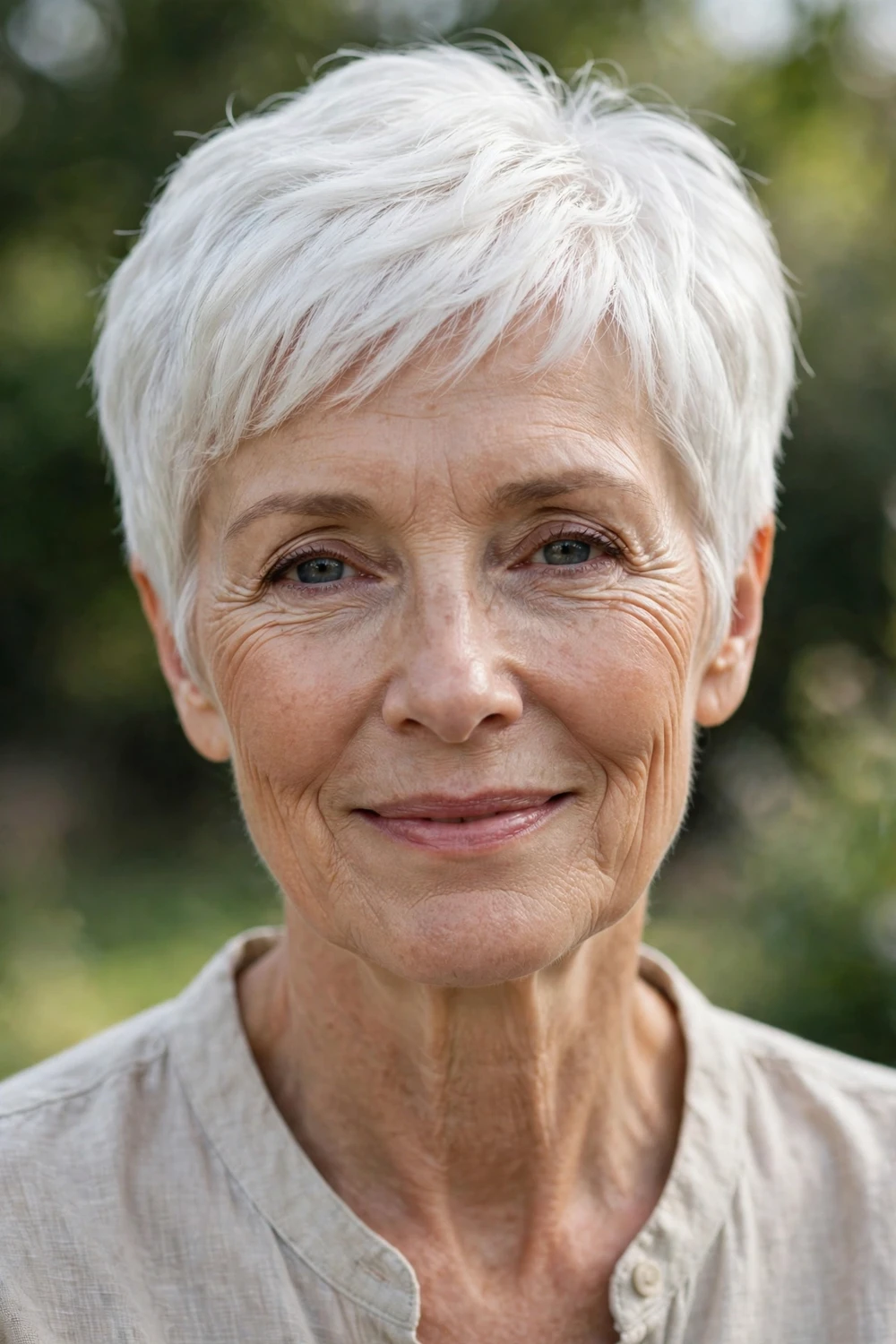 Woman over 50 with a white pixie with short rounded layers