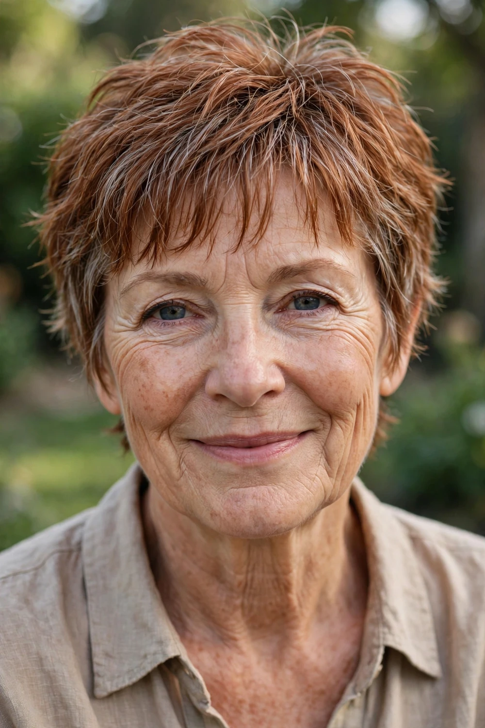 Woman over 50 with a short cut with wispy bangs framing the eyes