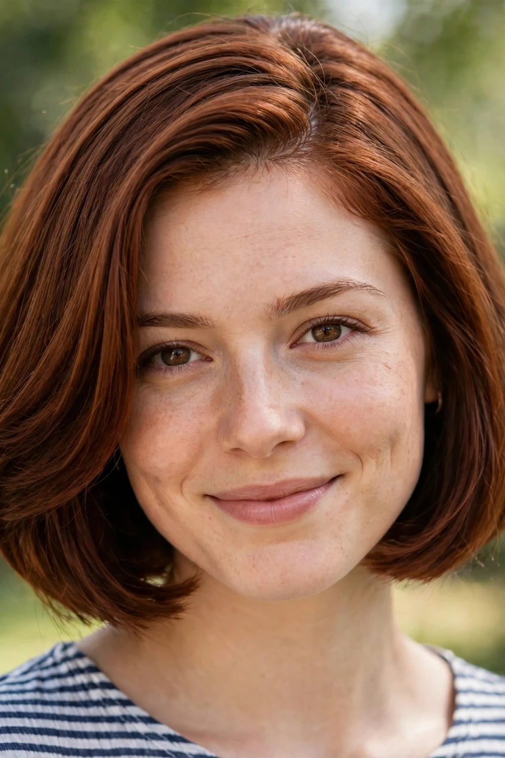 Woman with a short Italian bob haircut cut to the jawline with full ends