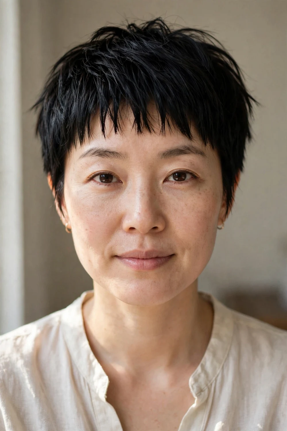 Pixie with short jagged bangs across the forehead