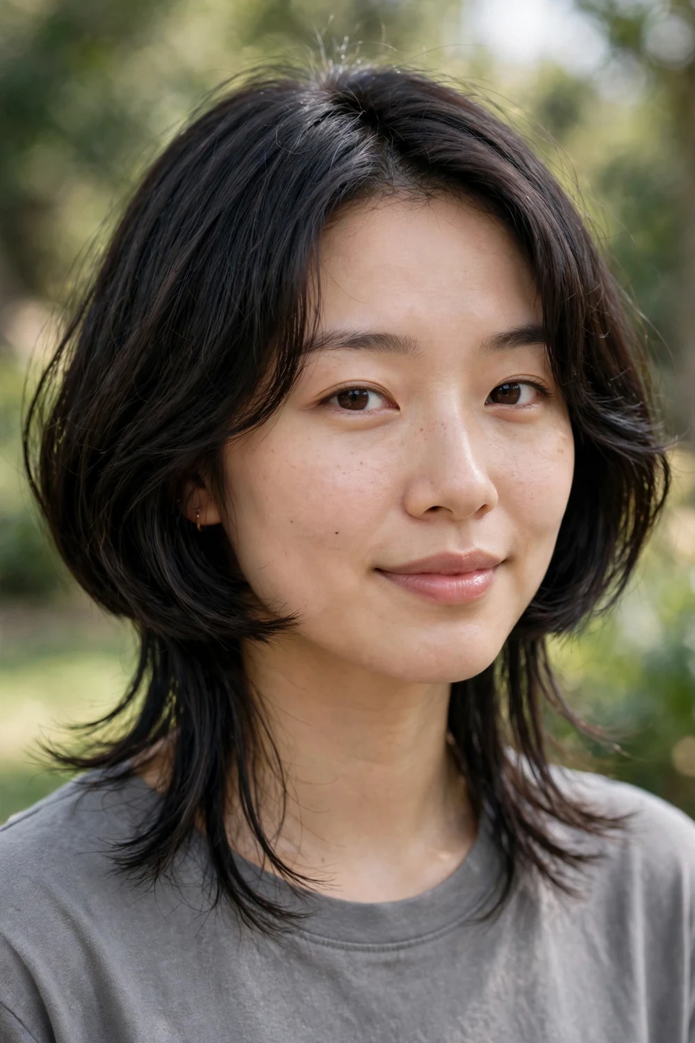Woman with a short jellyfish haircut with cropped top and shoulder layers