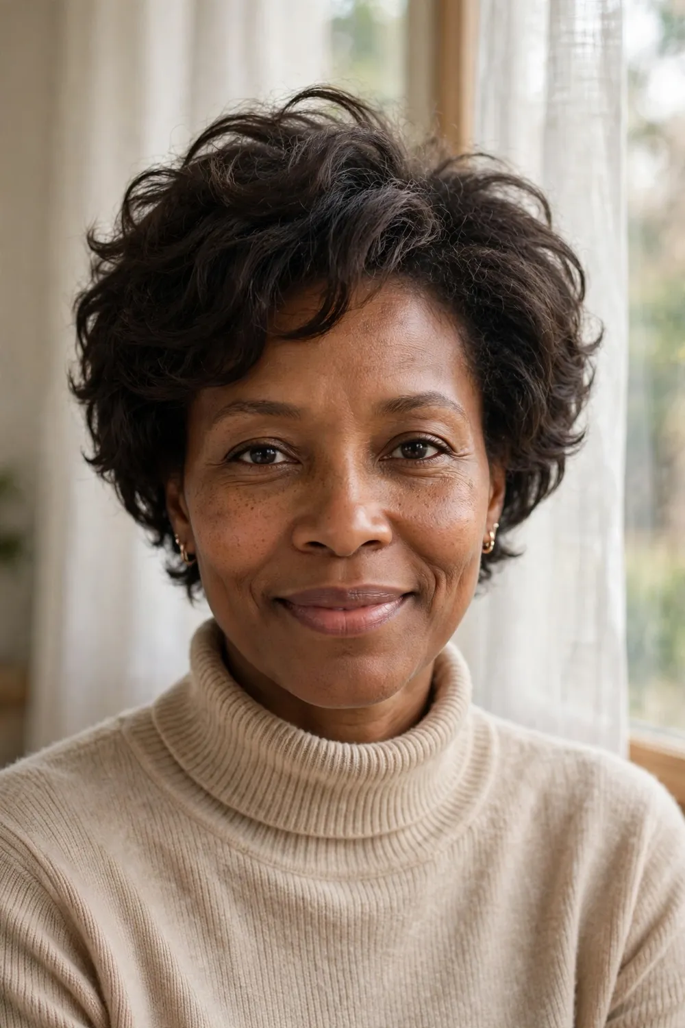 Black woman with a short layered afro, light airy shape