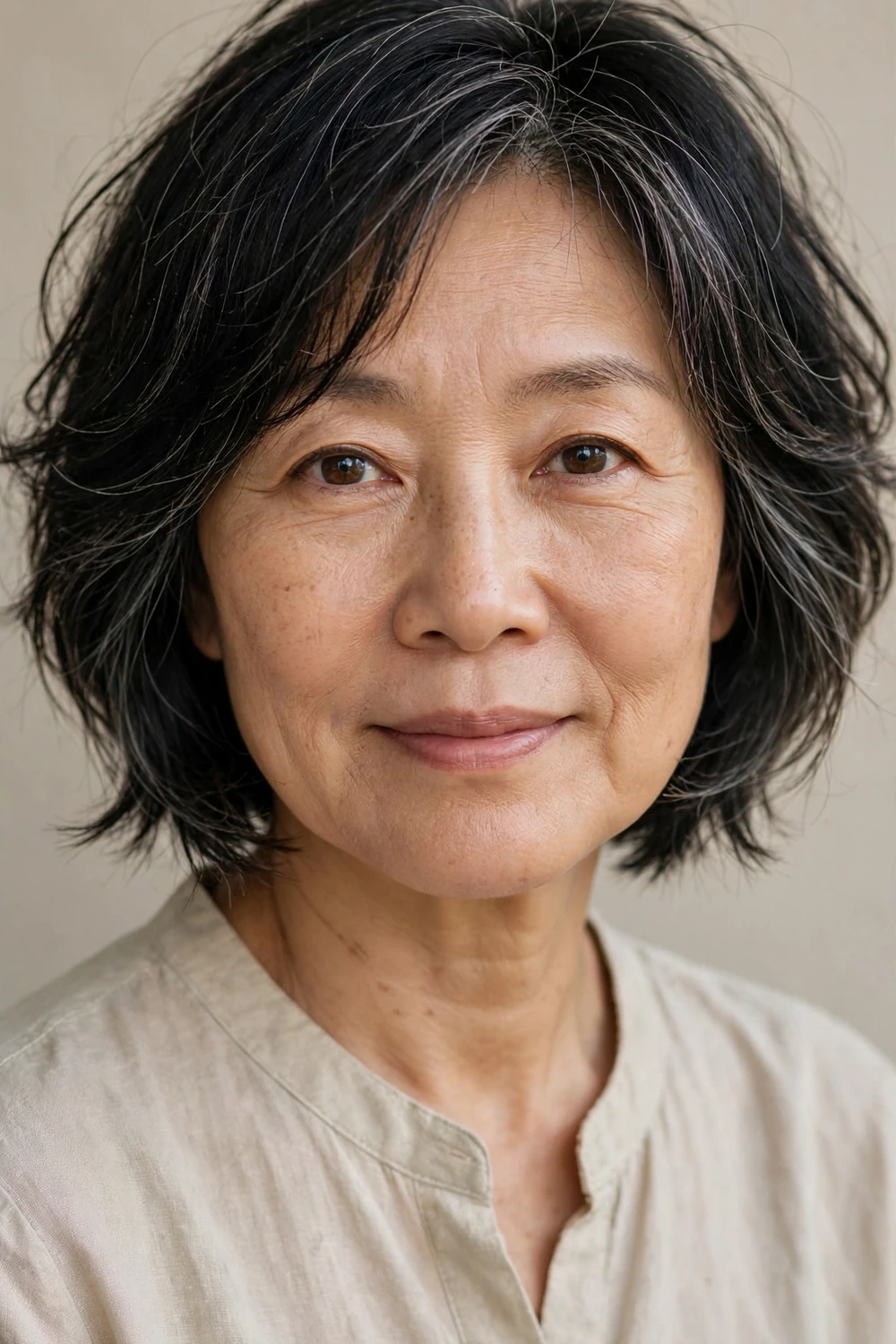 Short layered bob with wispy layers on a woman over 50 with fine gray hair