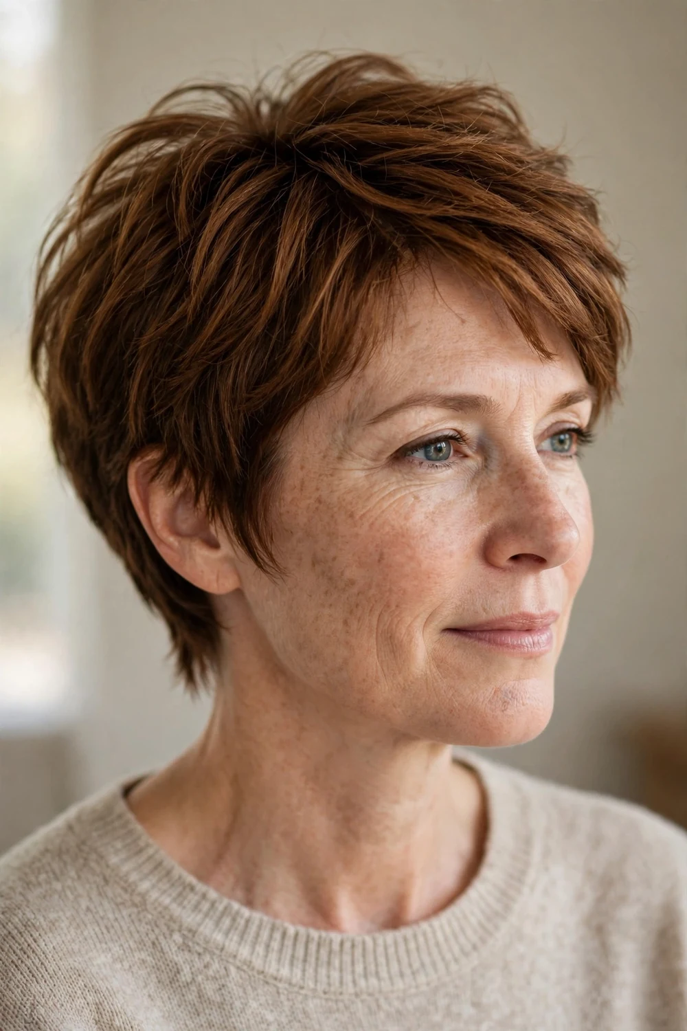 Short layered cinnamon brown haircut with natural volume