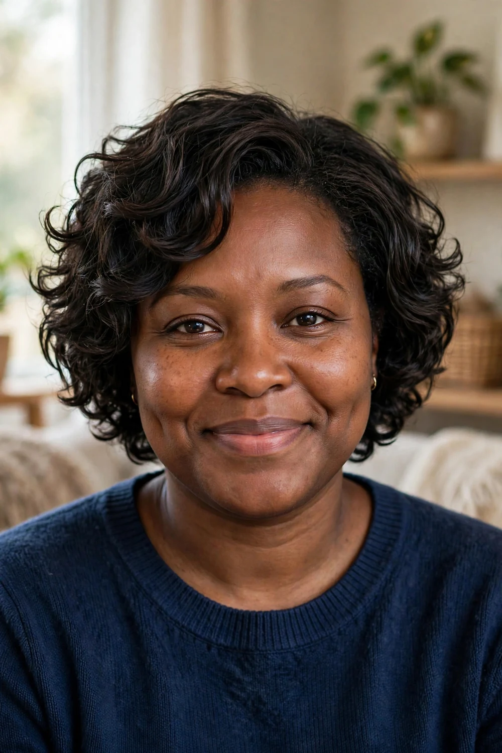 Black woman in her mid-30s with short airy layered curls