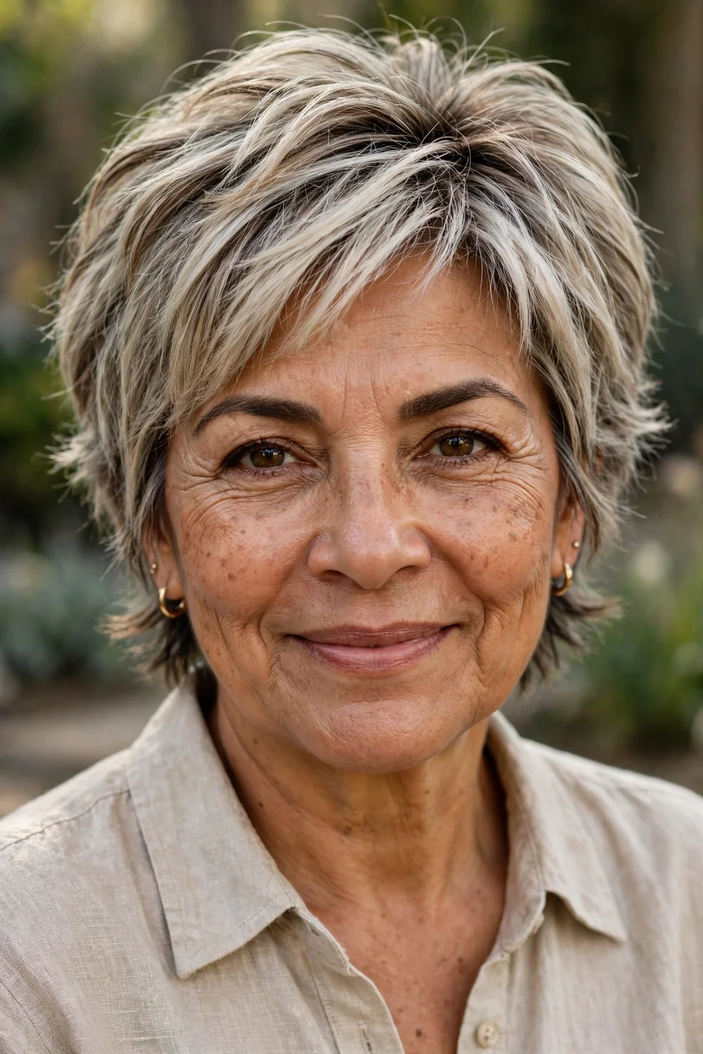 Woman in her 60s with a layered bixie, bob-pixie hybrid with choppy layers at the nape