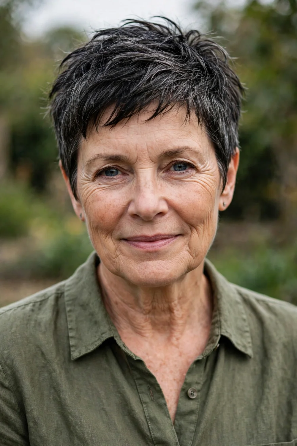 Woman in her 60s with a choppy textured crop, separated matte pieces on short hair