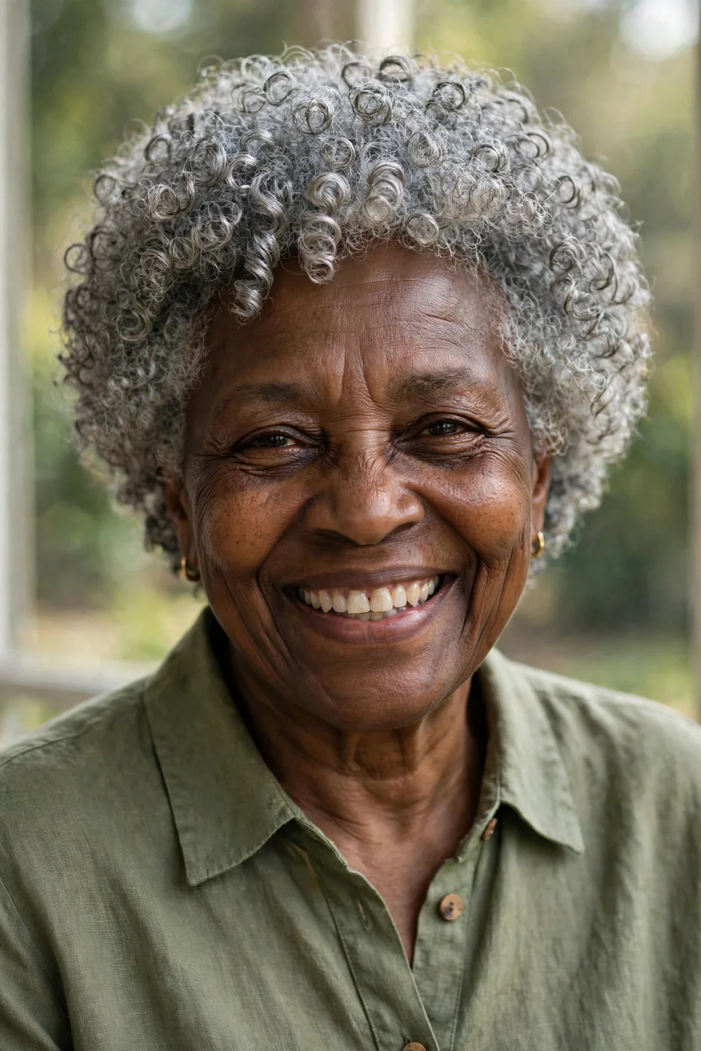 Woman in her 60s with a curly layered crop, defined silver curls in a rounded shape