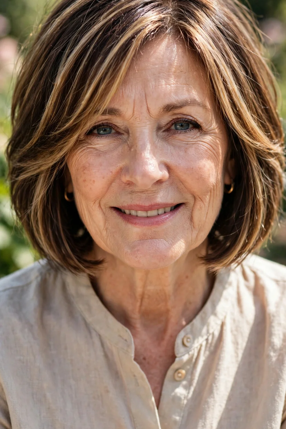 Woman in her 60s with a layered bob and caramel face-framing highlights around the face