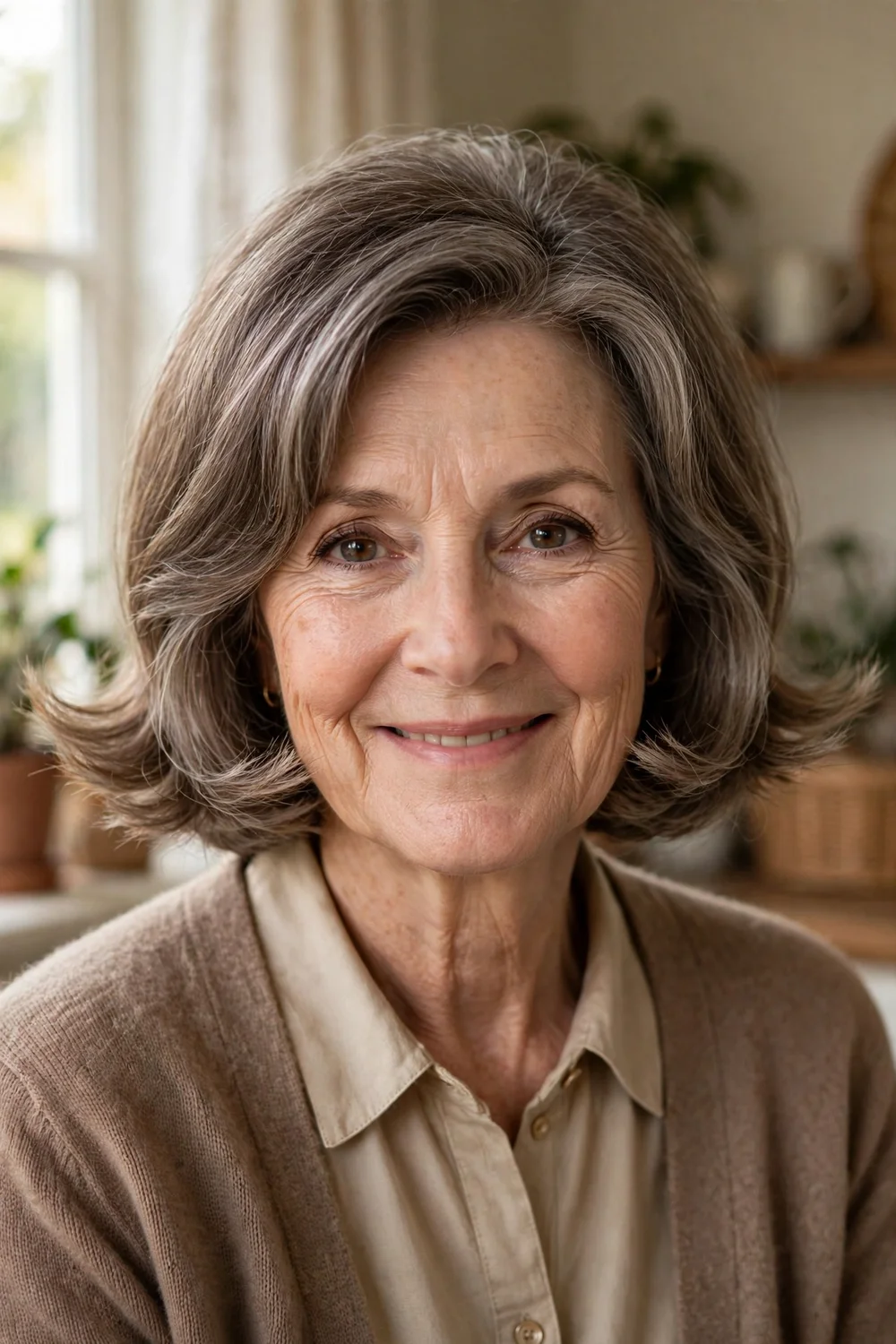 Woman in her 60s with a feathered layered bob, soft outward layers at chin length