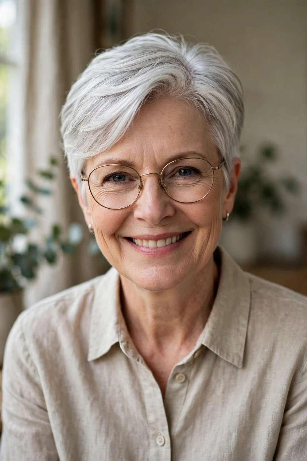 Woman in her 60s with a feathered crop, short layered cut swept softly to one side