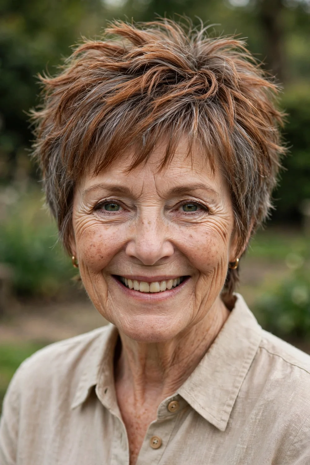 Woman in her 60s with a feathered shaggy pixie, soft feathered top with piecey texture
