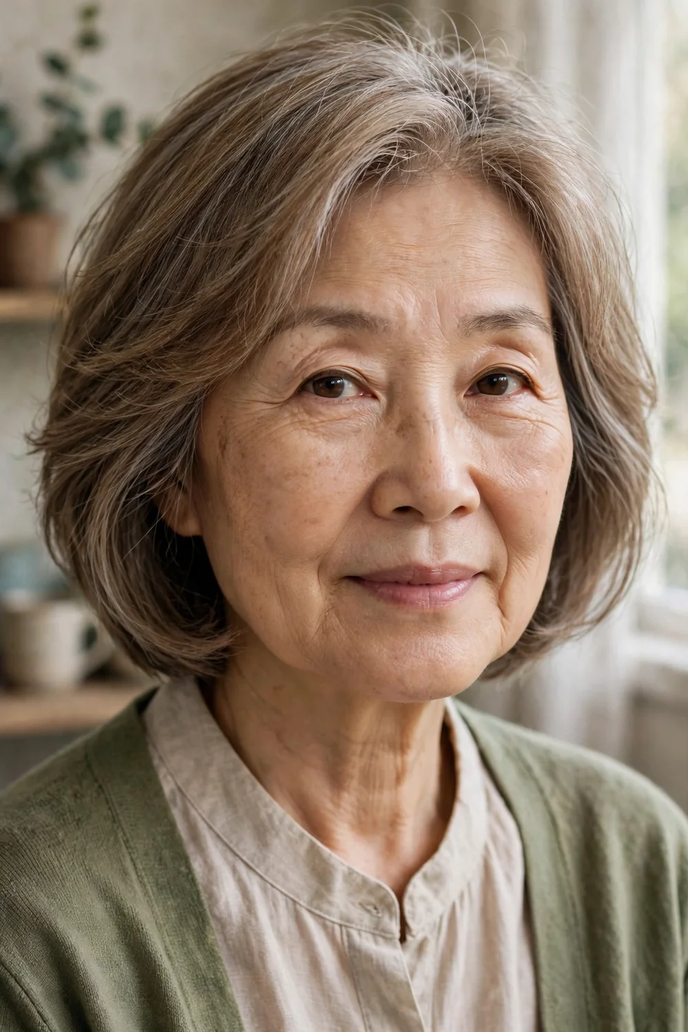 Woman in her 60s with fine hair in a layered bob, light airy layers adding volume