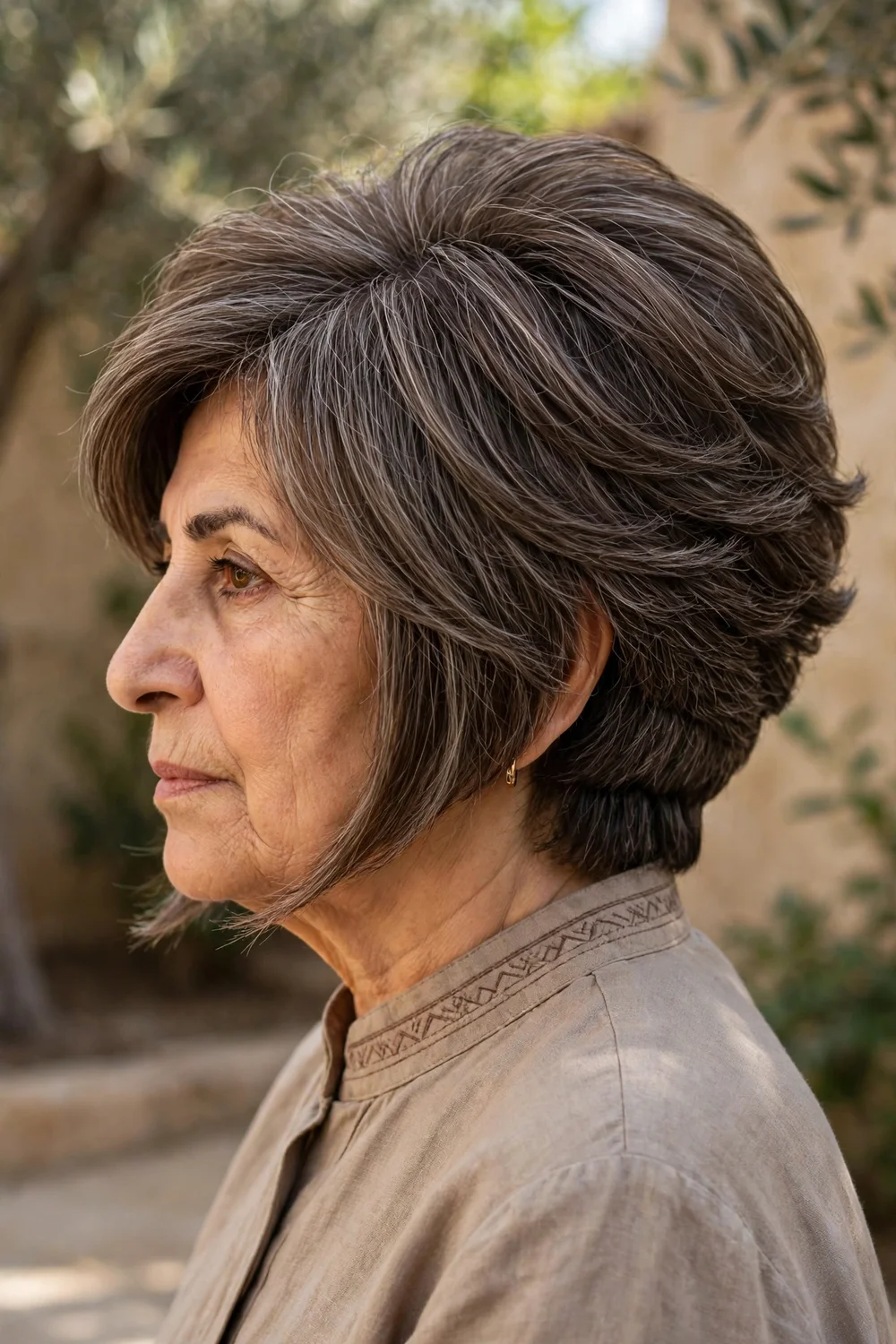 Woman in her 60s with a voluminous layered wedge, stacked back with angled front pieces