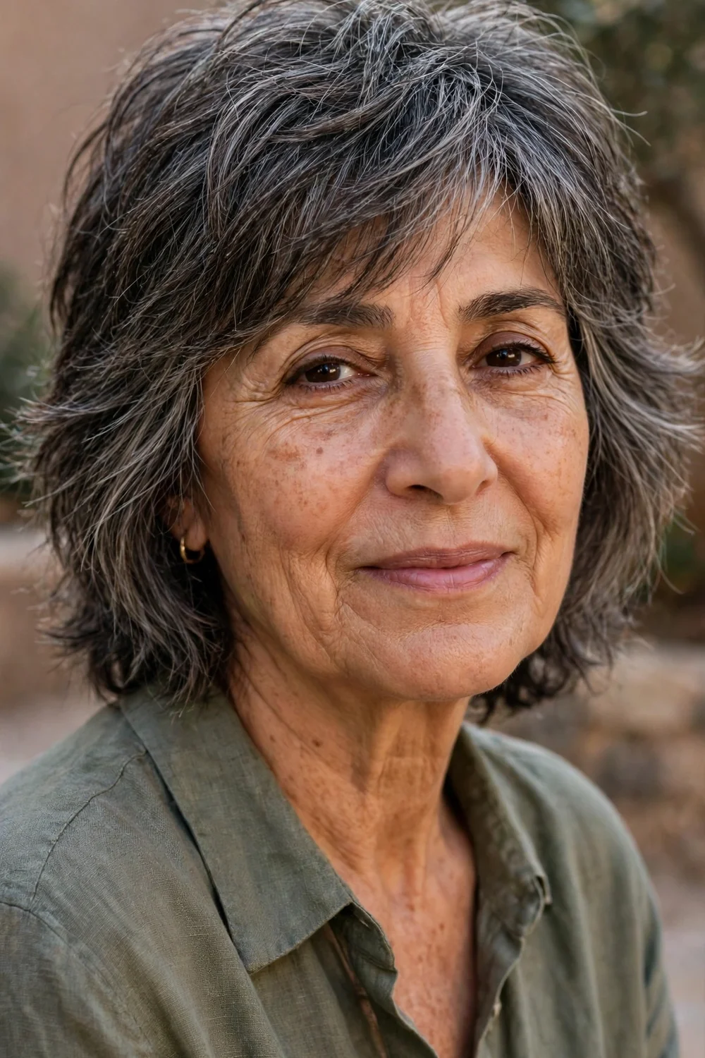 Woman in her 60s with a salt-and-pepper layered shag, choppy layers showing mixed gray and dark tones