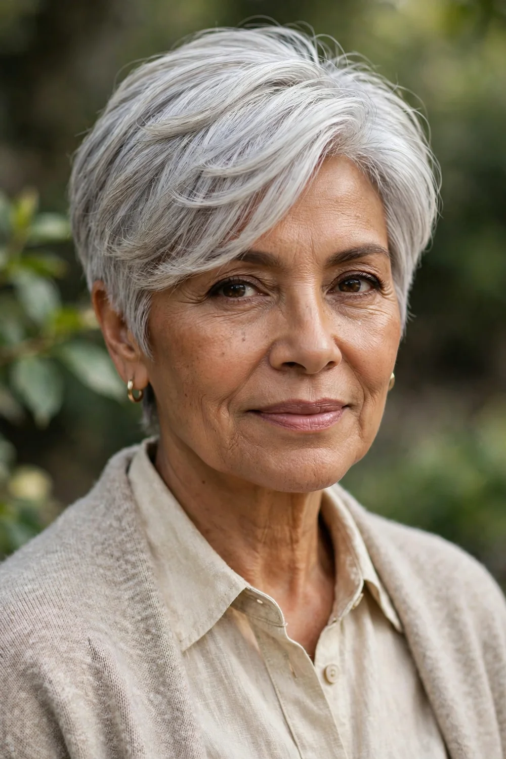 Woman in her 60s with a side-swept layered pixie, long fringe sweeping across the forehead