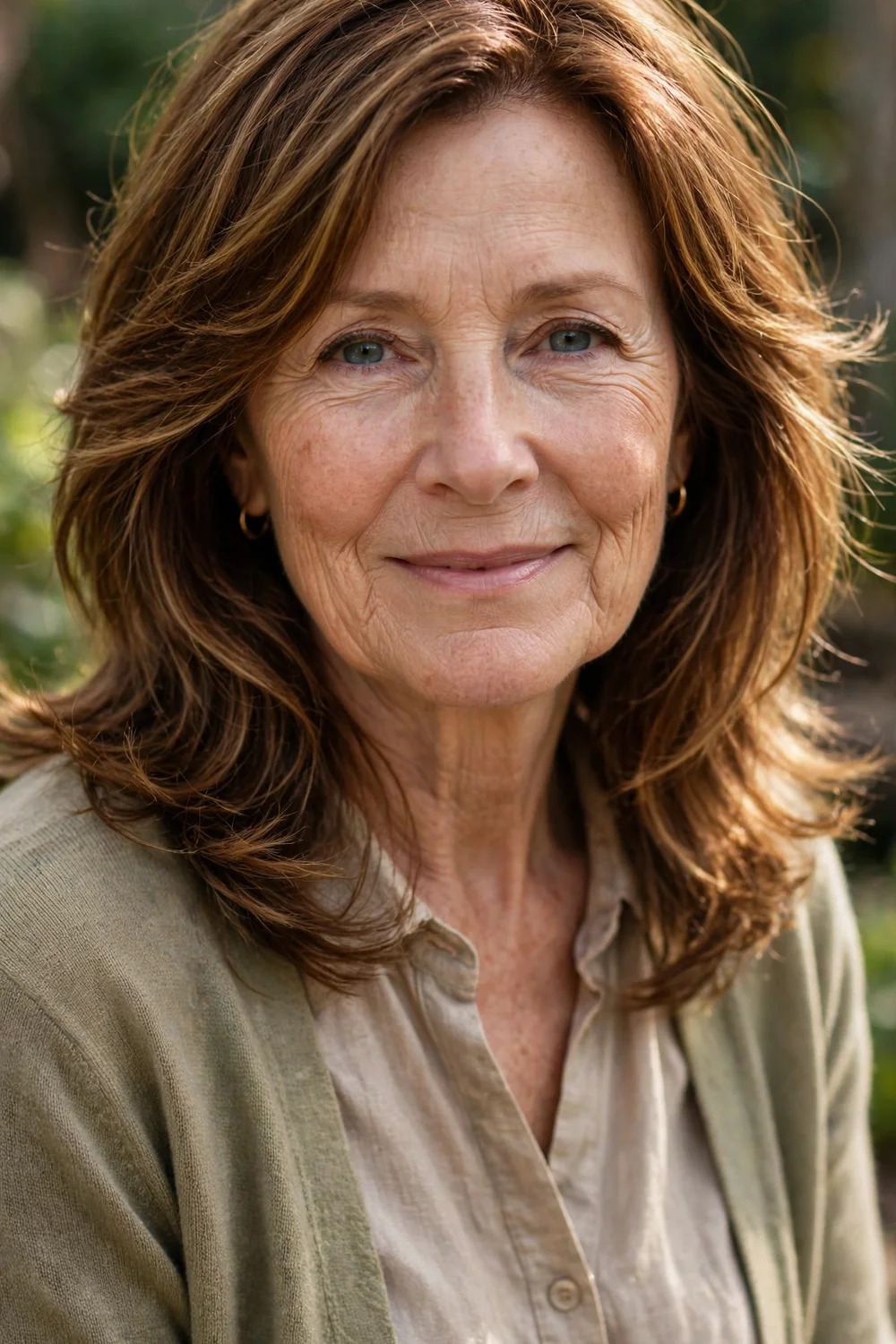 Woman in her 60s with a soft layered lob, collarbone-length layers with gentle movement