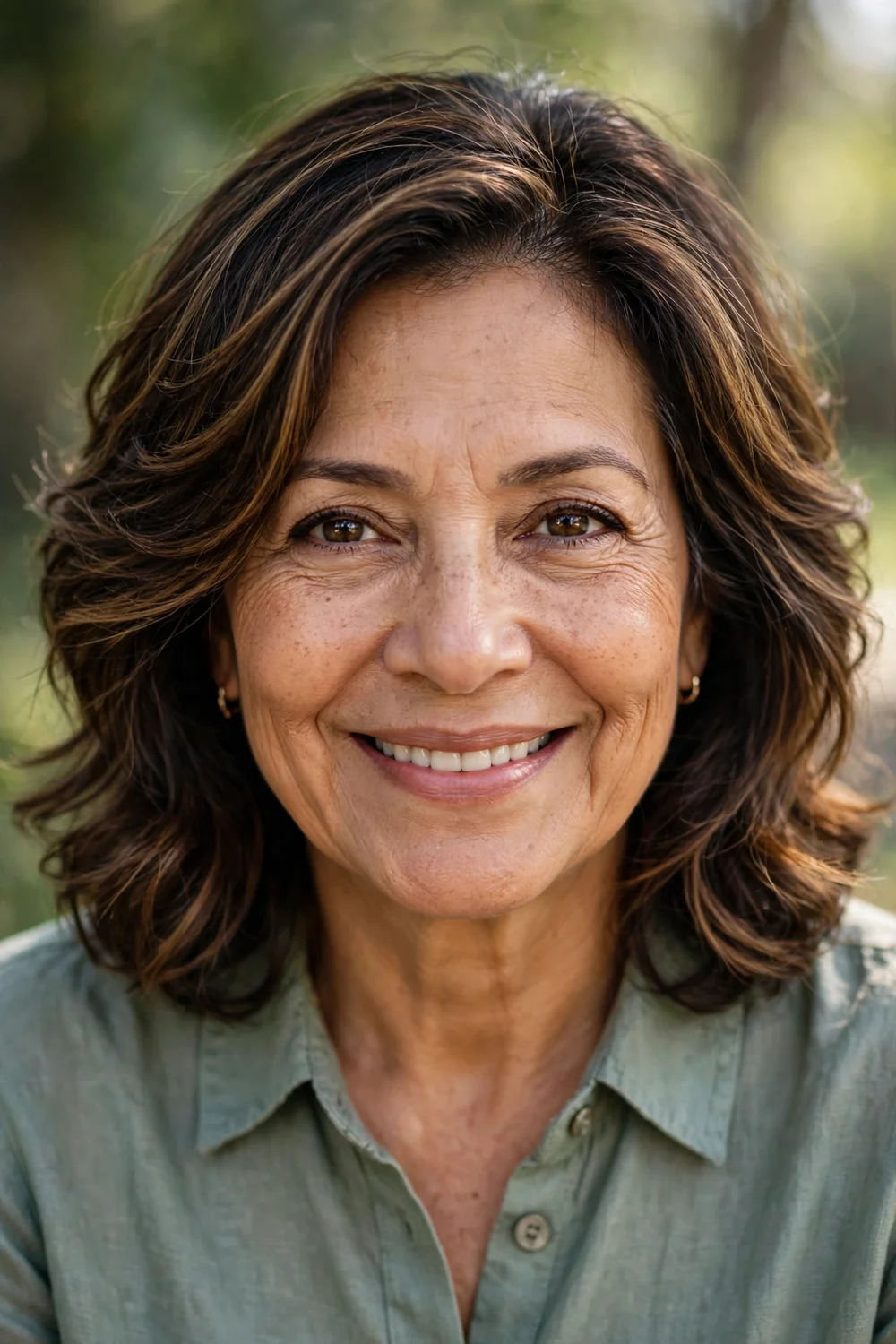 Woman in her 60s with a soft waves layered cut, gentle waves adding width to chin-length hair