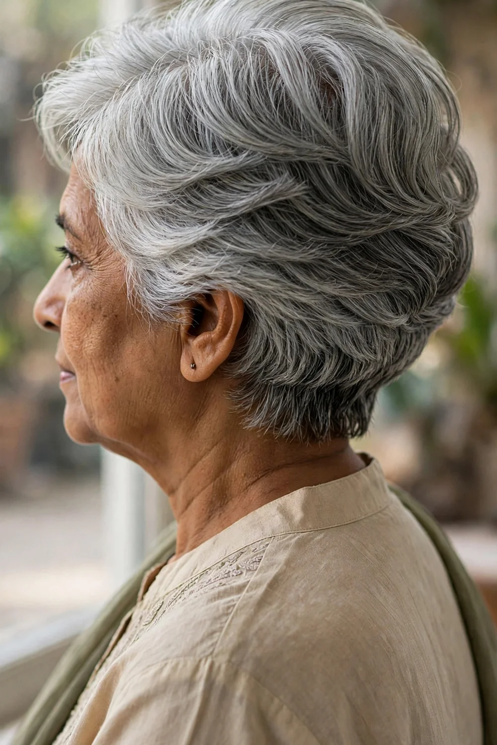 Woman in her 60s with a stacked layered bob, graduated layers building volume at the crown