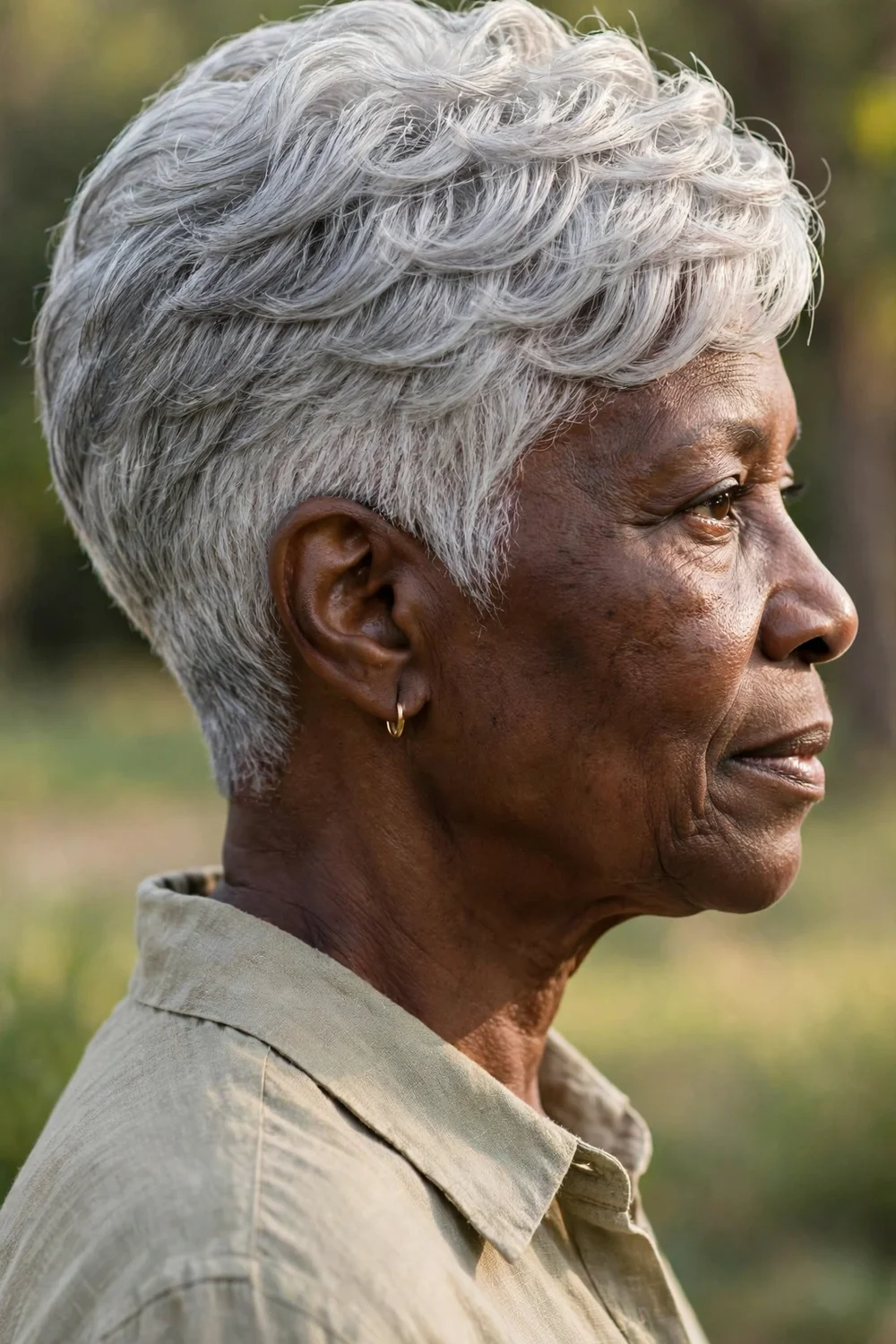 Woman in her 60s with a tapered layered cut, clean tapered nape with fuller top layers