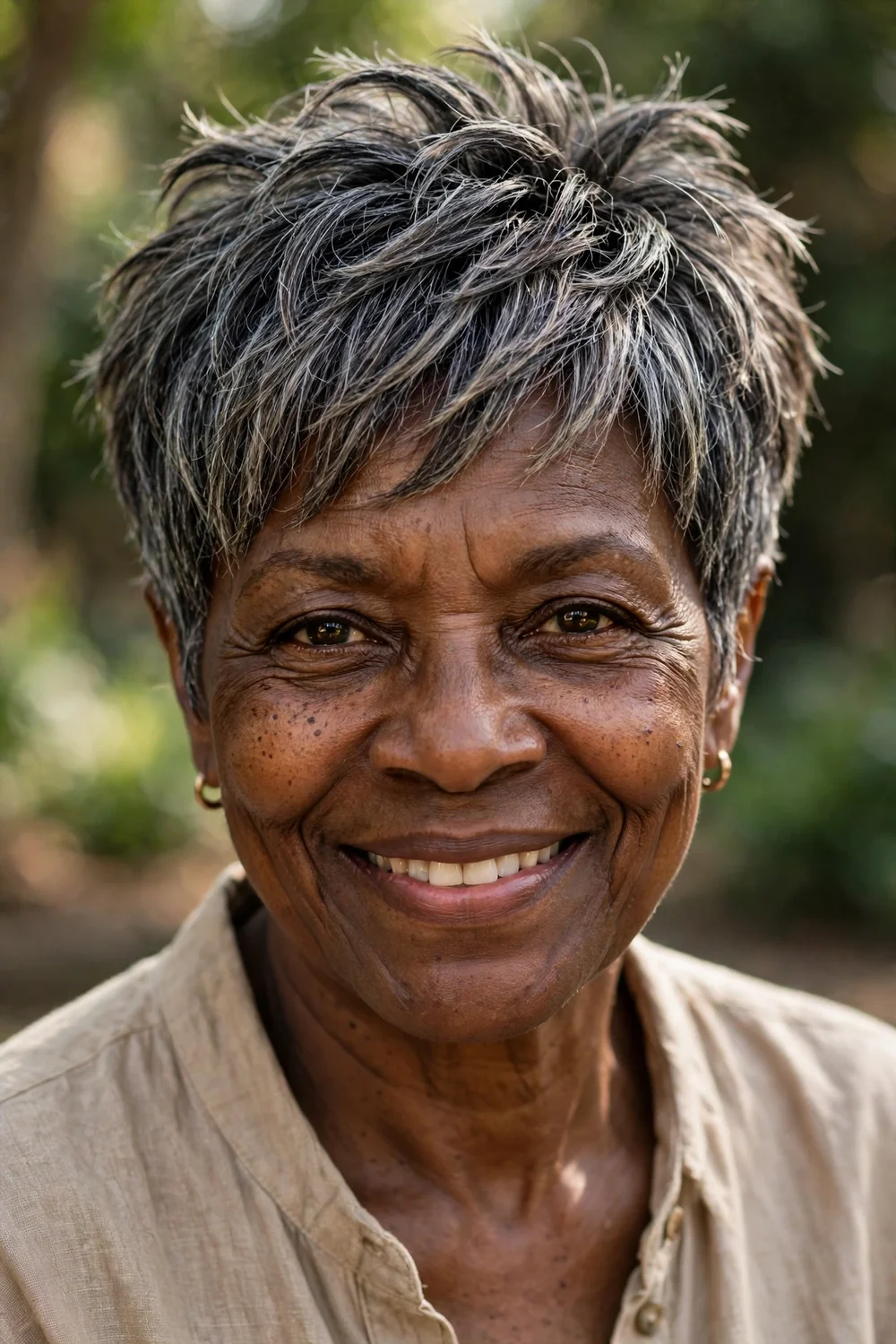 Woman in her 60s with a textured layered pixie, piecey layers on top with tapered sides