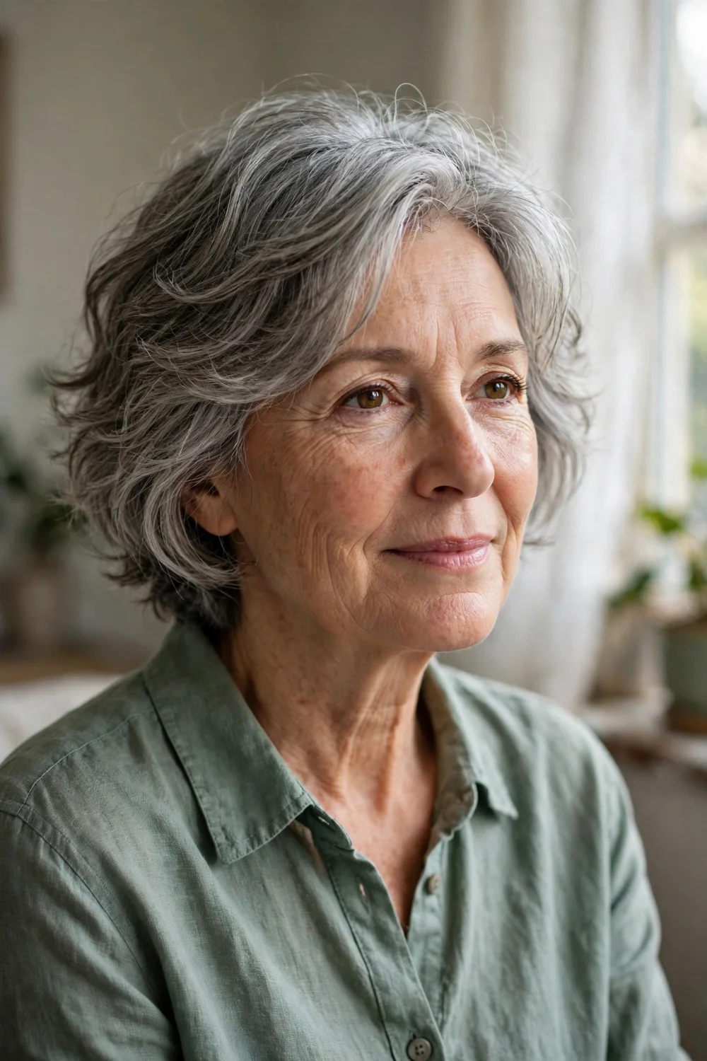 Woman in her 60s with a wash-and-wear layered crop, natural air-dried texture with easy layers
