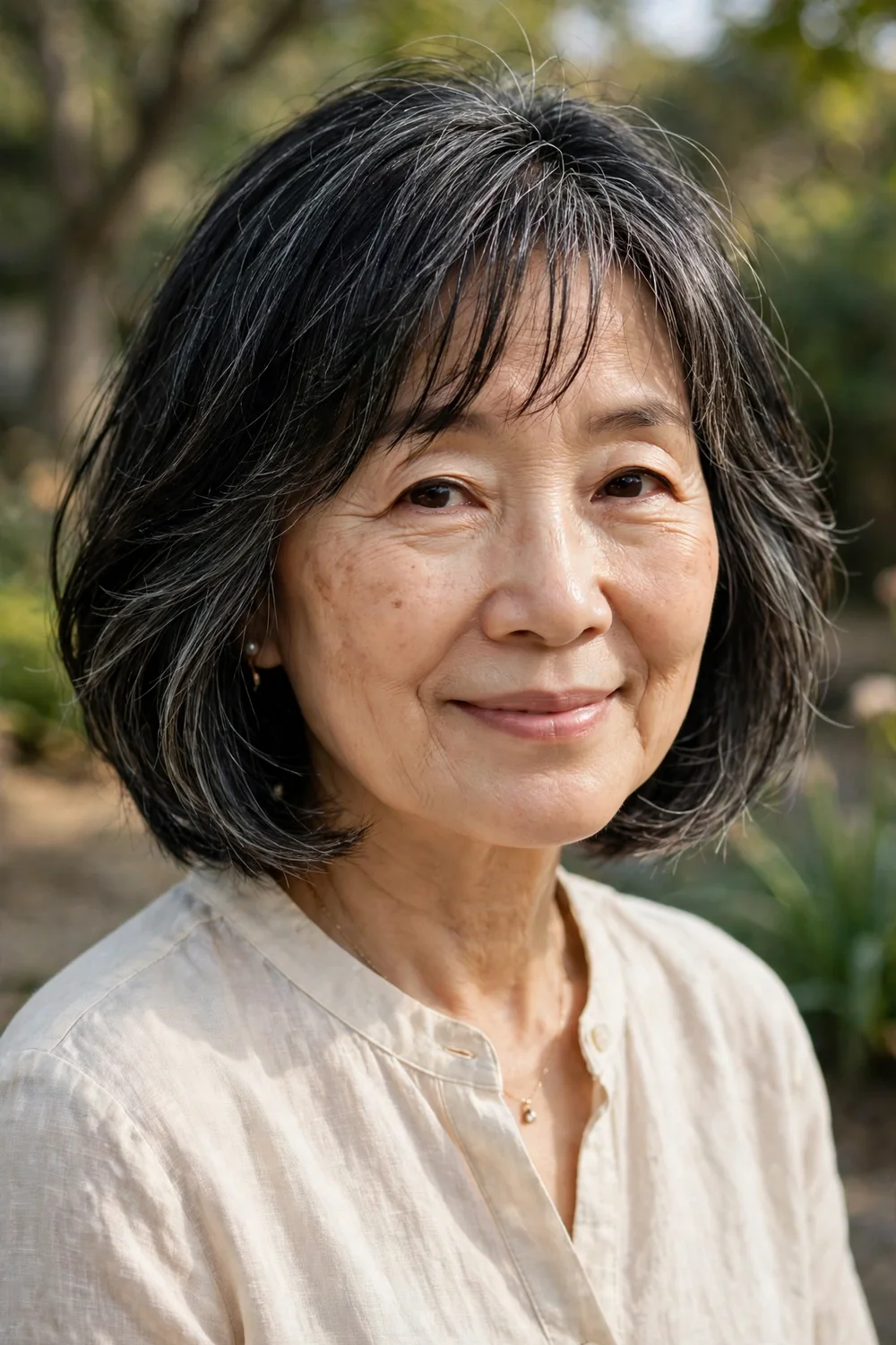 Woman in her 60s with a layered bob and light wispy bangs across the forehead