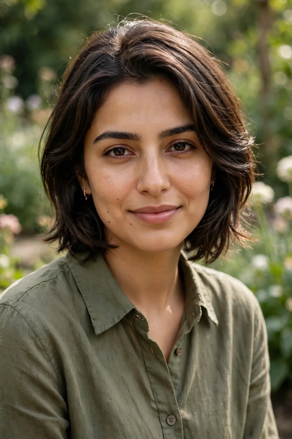 Woman with an oval face wearing a short layered lob