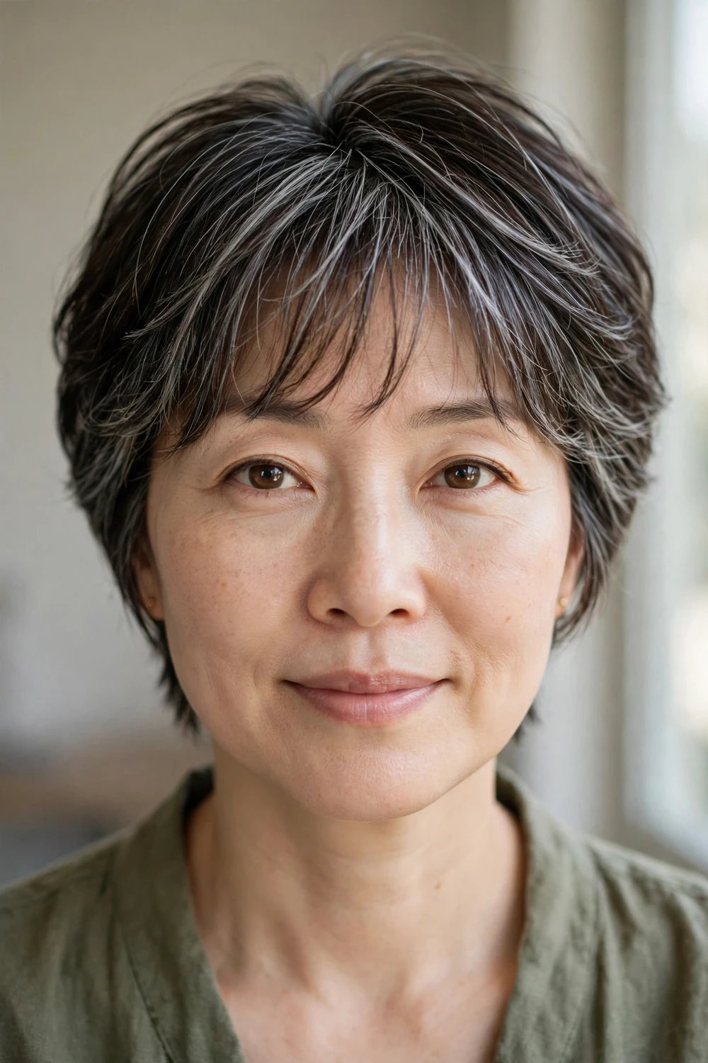 Older woman with dark hair with silver streaks in a short layered crop with wispy bangs