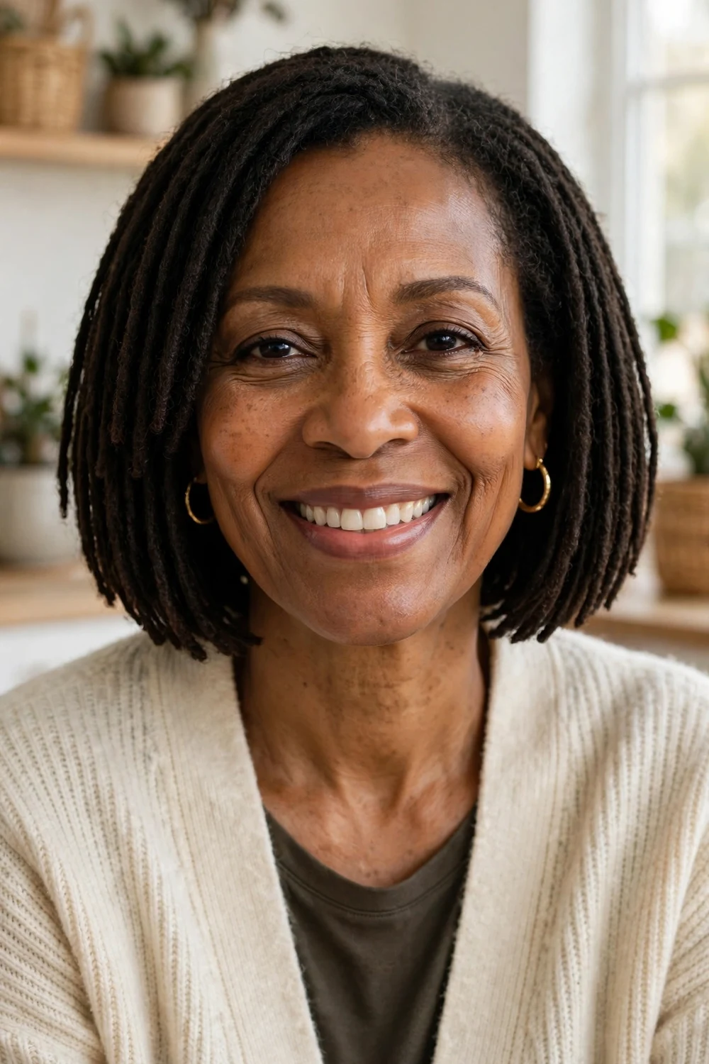 Older Black woman with locs cut into a short bob
