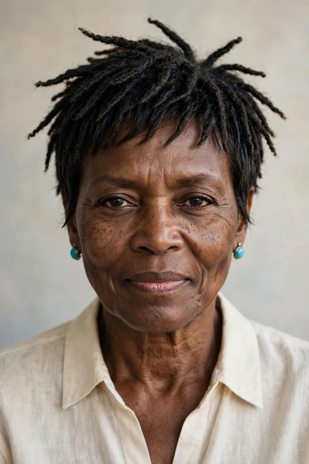 Older Black woman with locs cut to short pixie length