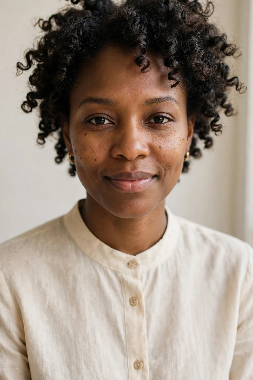 Woman with bantu knot-out curls showing soft defined springy curls with natural volume on short hair