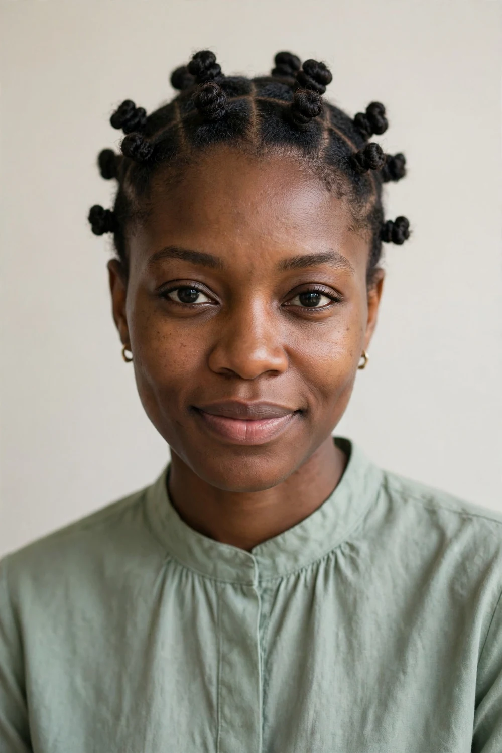 Woman with bantu knots hairstyle featuring neat evenly sectioned coiled knots on short natural hair