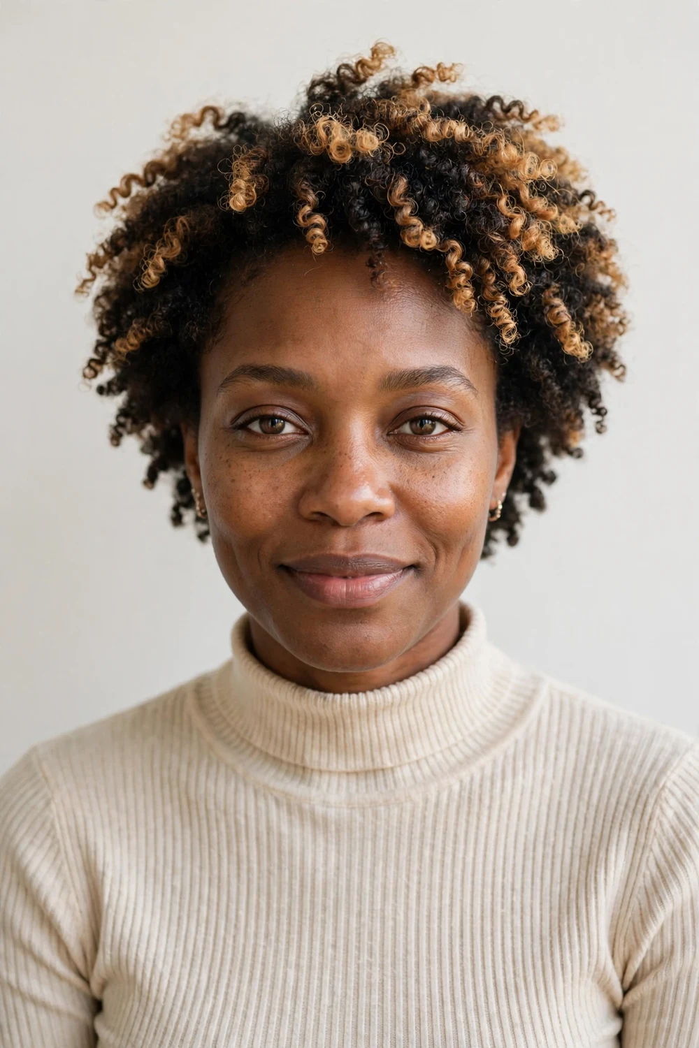Woman with blonde highlights on short natural curls showing warm honey tones blended through dark coils