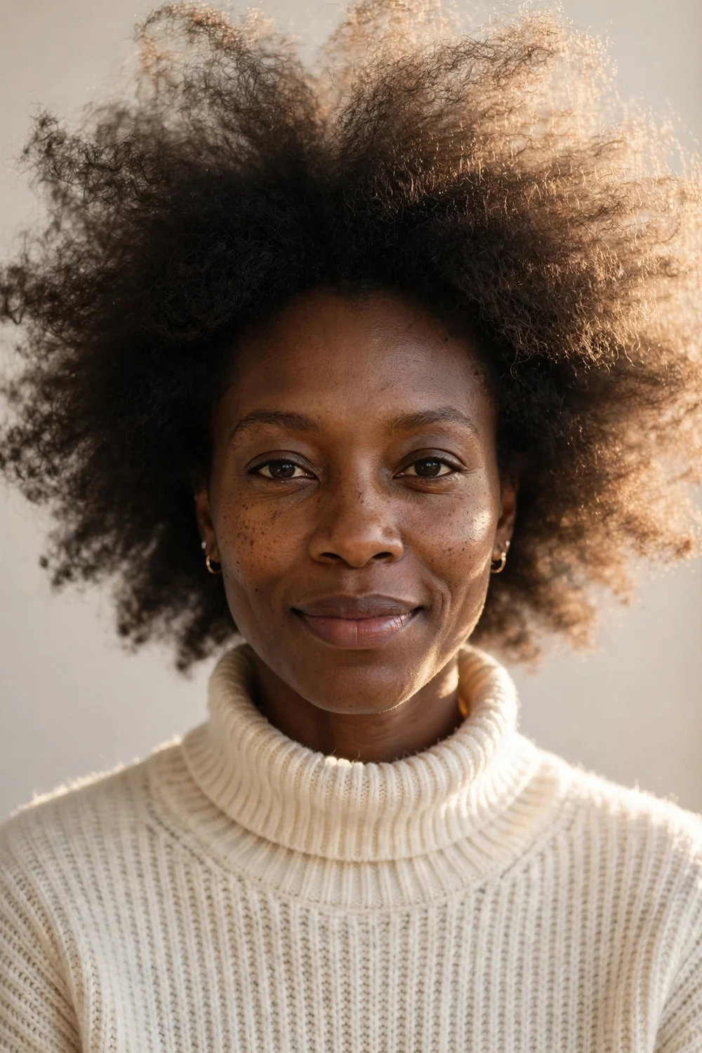 Woman with a brushed-out soft afro featuring a full airy halo of natural texture on short hair
