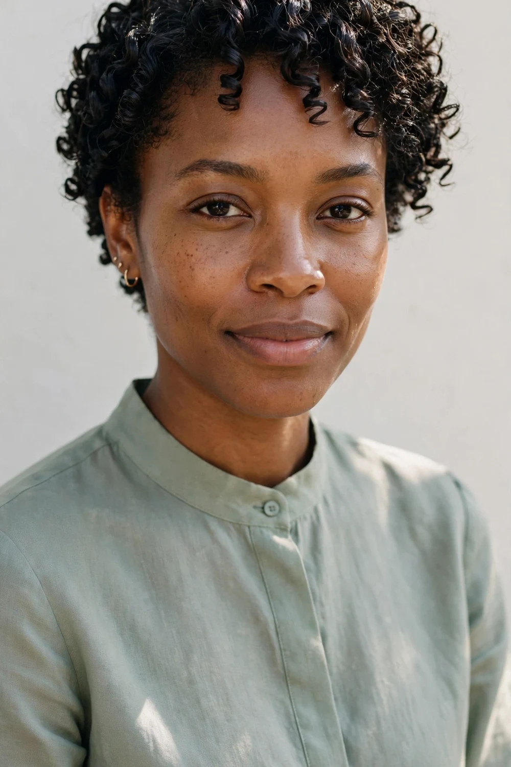 Woman with a classic wash and go hairstyle showing defined natural curls with healthy shine on short hair