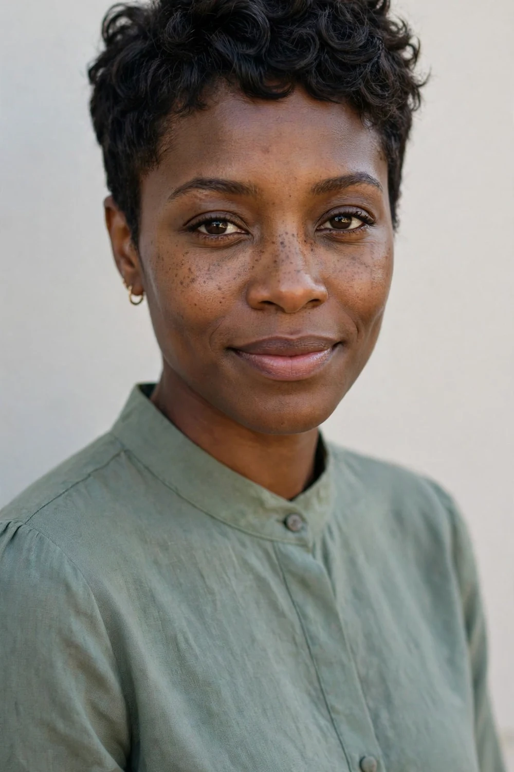 Woman with a curly pixie cut featuring defined natural curls with short sides and volume on top