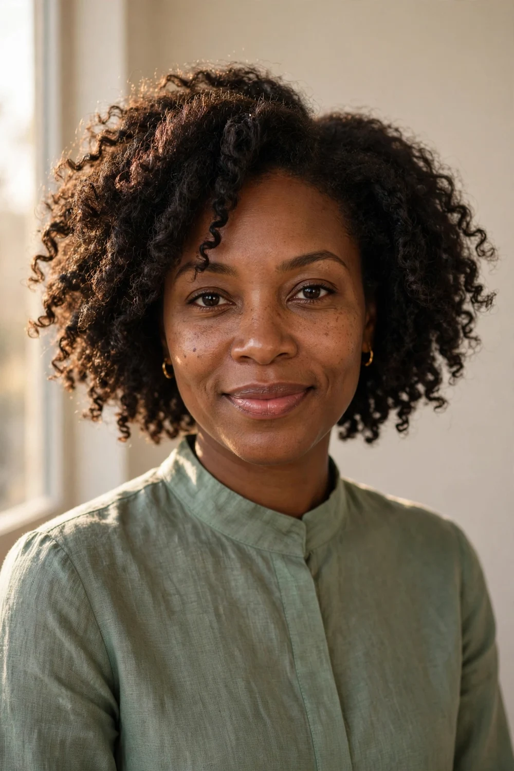 Woman with a defined twist-out hairstyle featuring soft separated curls and full volume on short natural hair