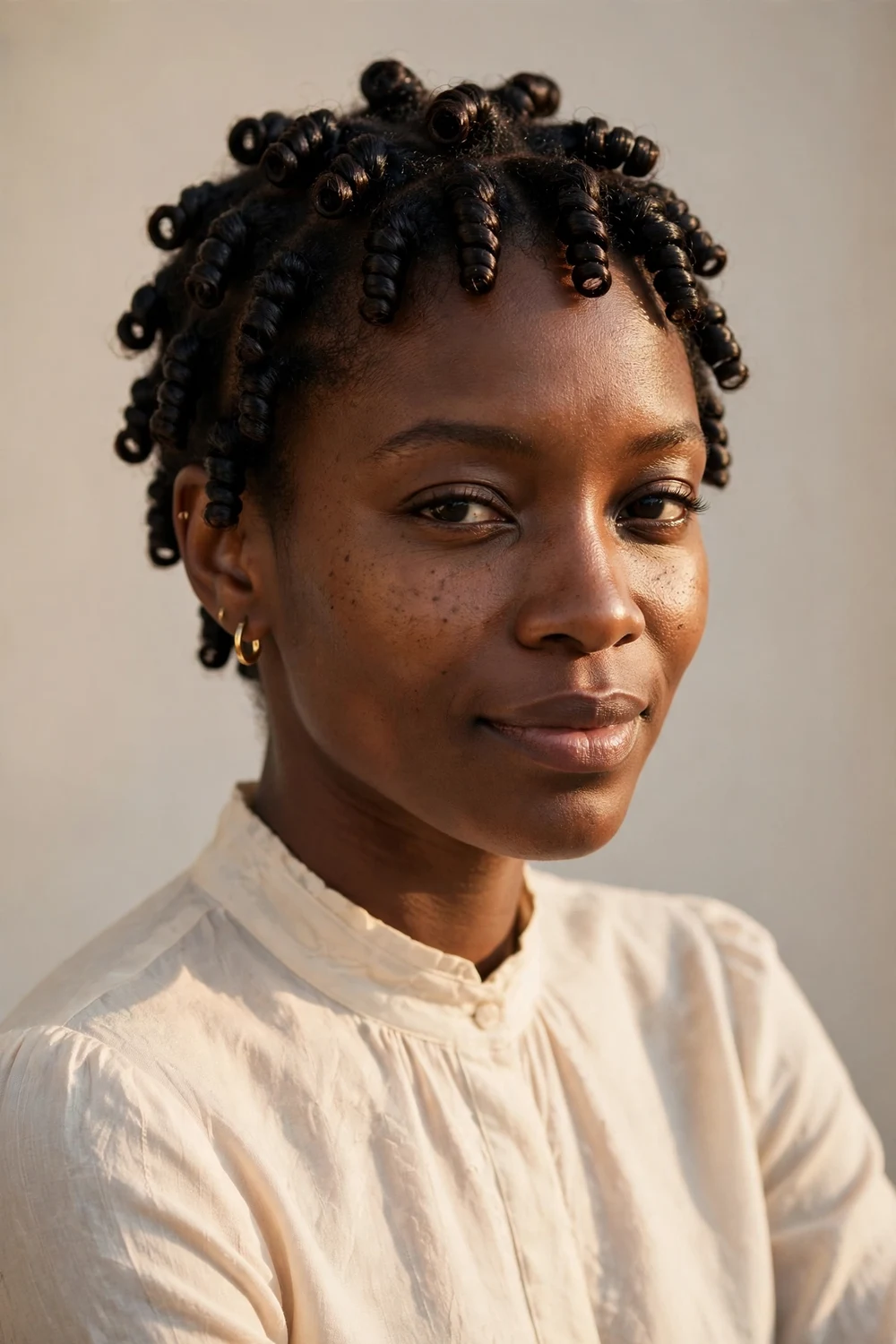 Woman with finger coils hairstyle showing neat spiral curls with glossy definition on short natural hair