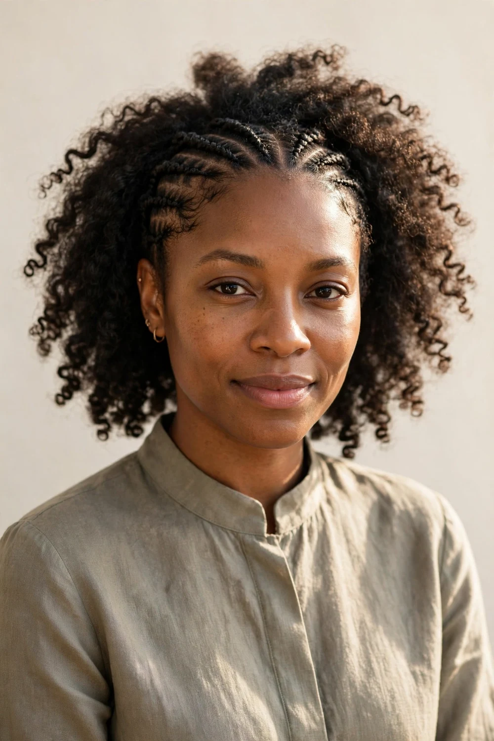 Woman with flat twists along the front hairline and free natural curls at the back on short hair