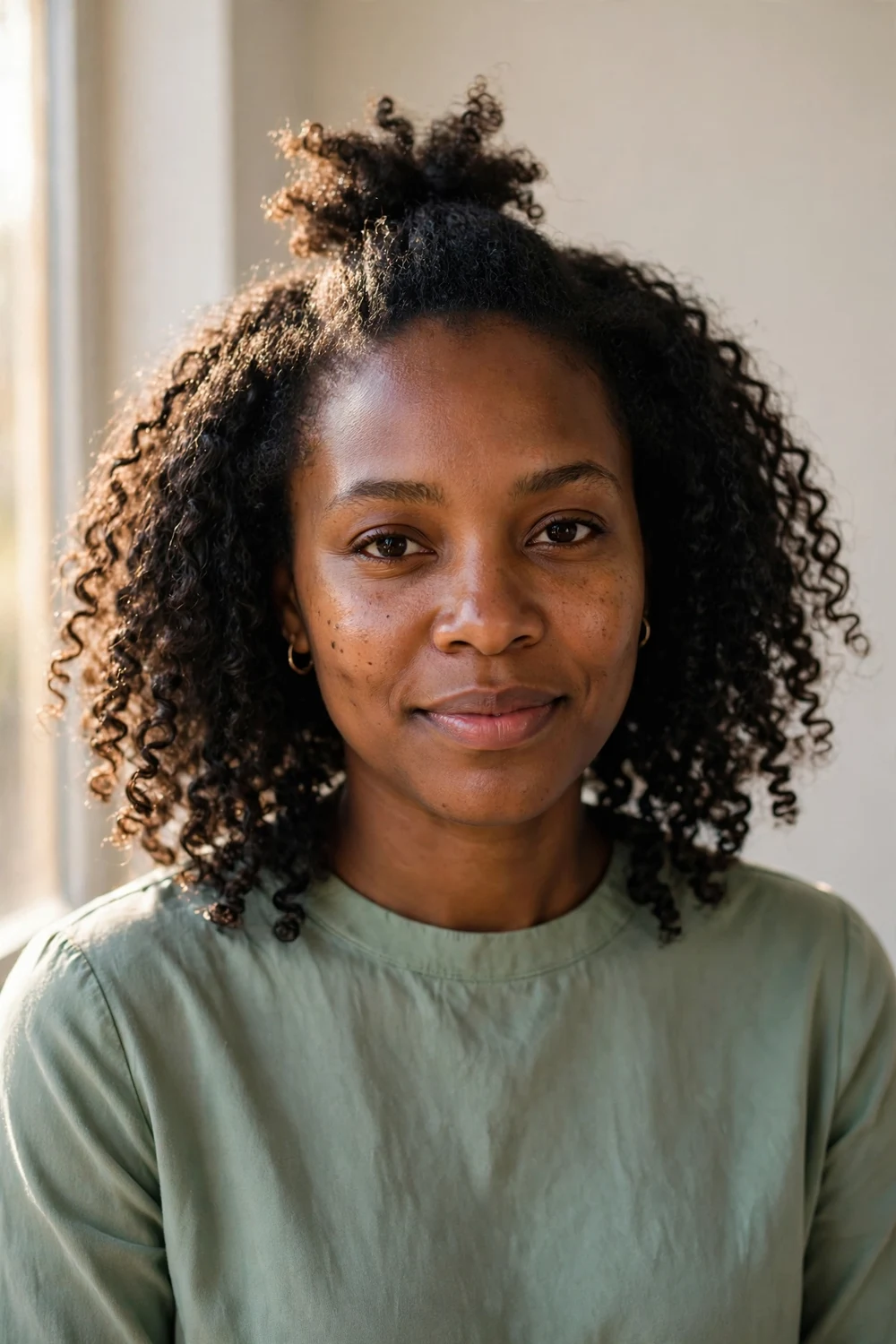Woman with half-up short curls featuring a small top puff with free natural curls below
