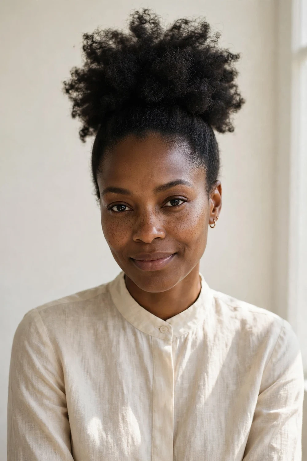 Woman with a high puff hairstyle featuring full natural curls gathered at the crown with smooth edges
