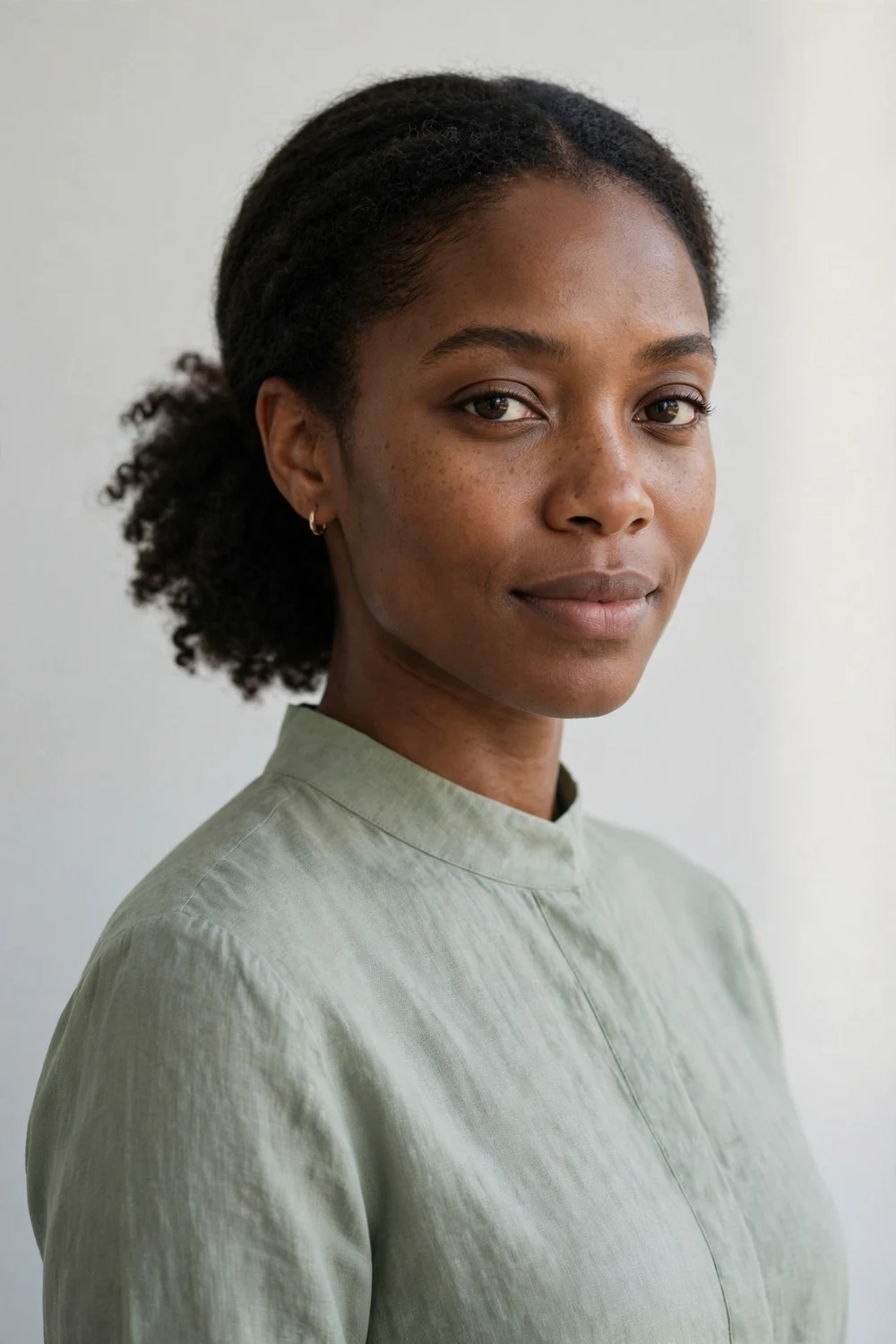 Woman with a low puff hairstyle featuring natural curls gathered softly at the nape of the neck