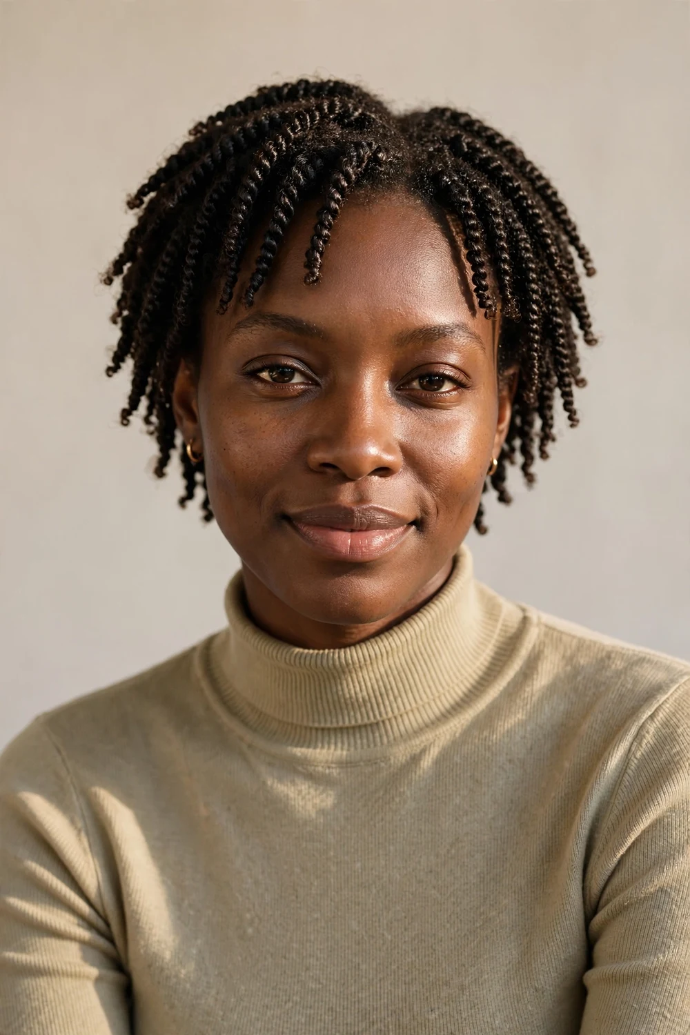 Woman with mini two-strand twists featuring fine uniform twists on short natural hair