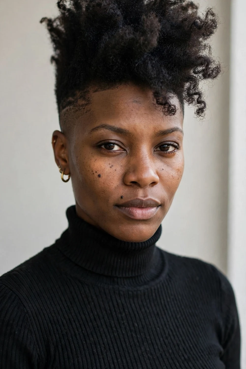 Woman with a short frohawk hairstyle showing neat sides and voluminous curls through the center