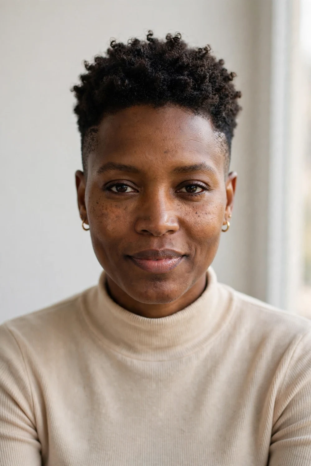 Woman with a short tapered natural haircut featuring neat short sides and defined curls on top