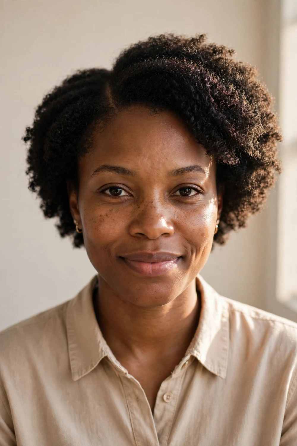 Woman with a side-parted short afro featuring a clean side part and full natural curl volume