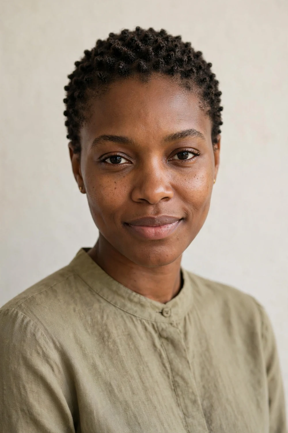 Woman with sponge curls hairstyle showing small defined uniform coils on very short natural hair