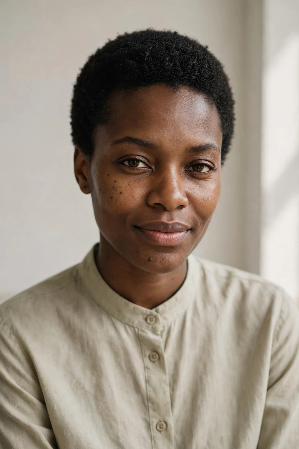 Woman with a teeny weeny afro featuring short natural coils close to the scalp in a rounded shape